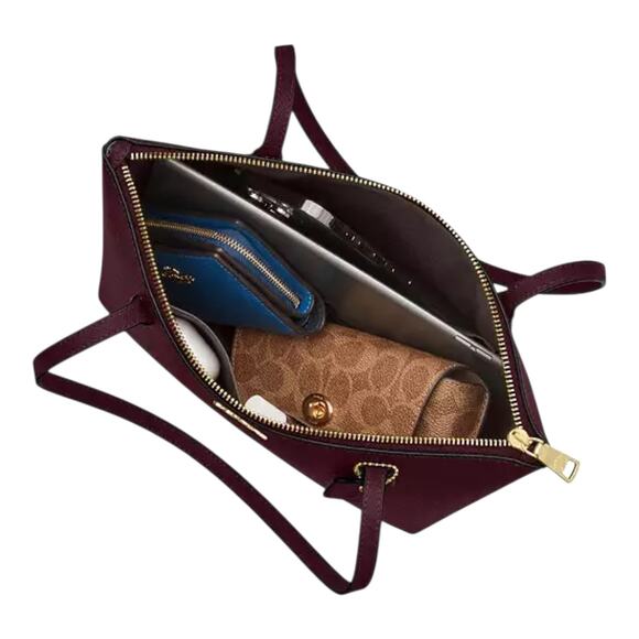 COACH FIONA ZIP TOP TOTE BAG PURSE IN CROSSGRAIN LEATHER DARK WINE & GOLD NEW! - Picture 4 of 16